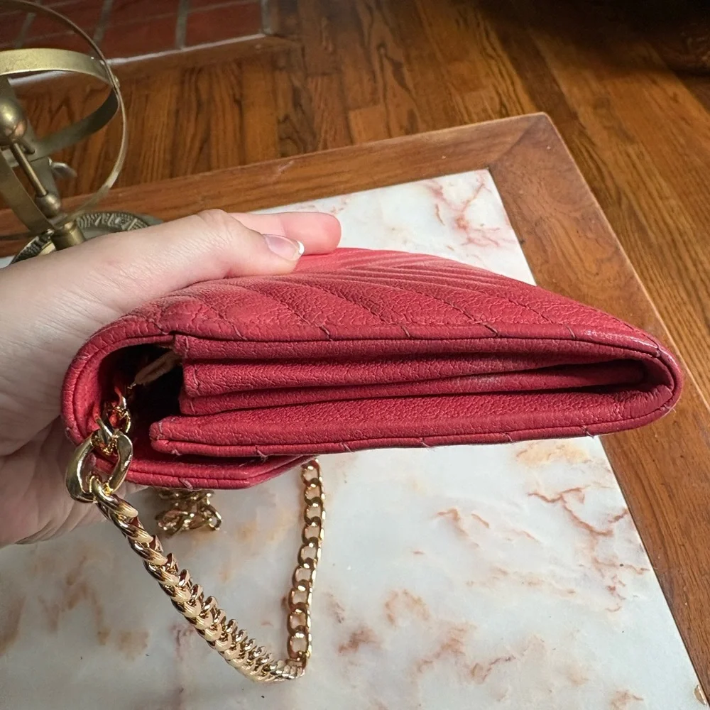 Chanel Pink and Gold Quilted Chevron Wallet with Added Chain